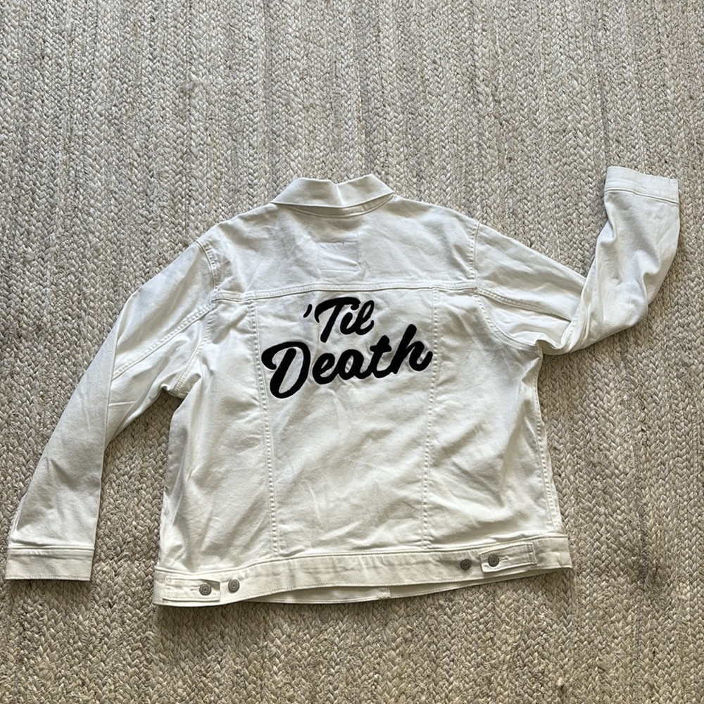 White Levi’s Denim Wedding/Engagement Jacket “Til Death” Embroidery. Sz. 1X